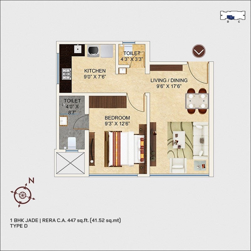 Floor plan of 1 BHK 447 Sq. Ft. Apartment in MICL Aaradhya Nine, Mumbai