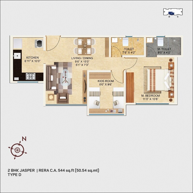 Floor plan of 2 BHK 544 Sq. Ft. Apartment in MICL Aaradhya Nine, Mumbai
