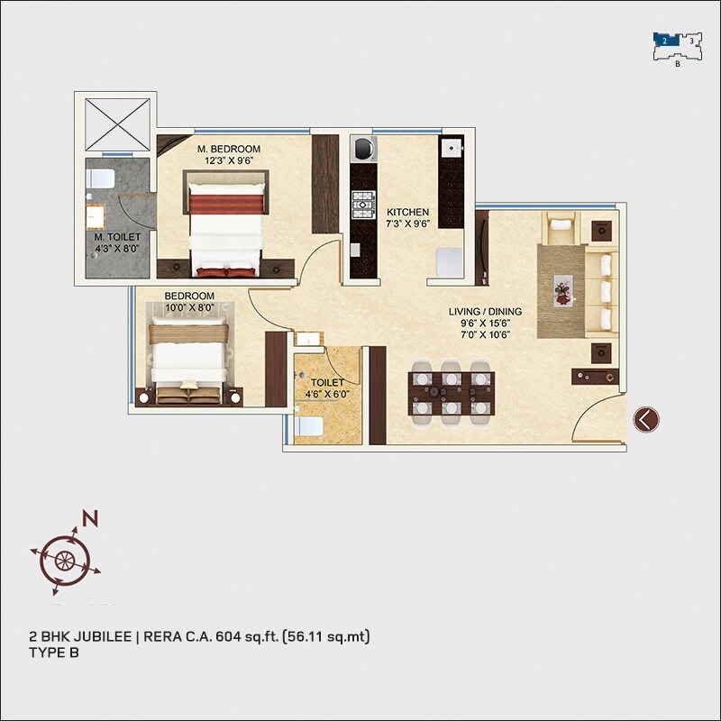 Floor plan of 2 BHK 604 Sq. Ft. Apartment in MICL Aaradhya Nine, Mumbai