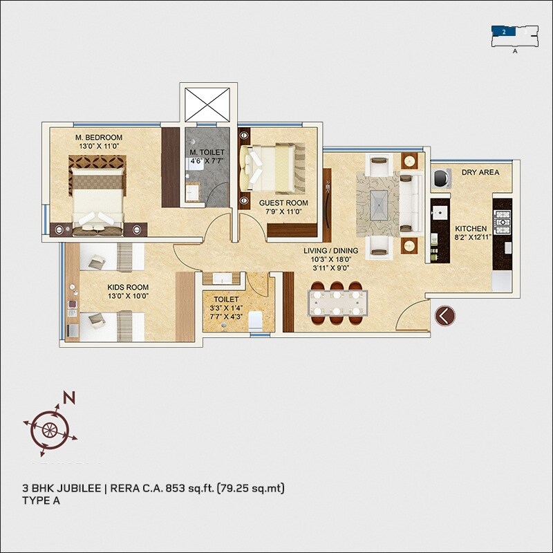 Floor plan of 3 BHK 853 Sq. Ft. Apartment in MICL Aaradhya Nine, Mumbai