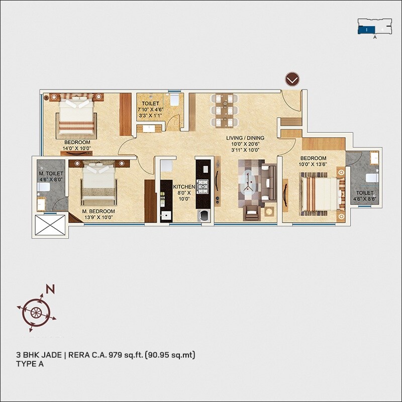 Floor plan of 3 BHK 979 Sq. Ft. Apartment in MICL Aaradhya Nine, Mumbai