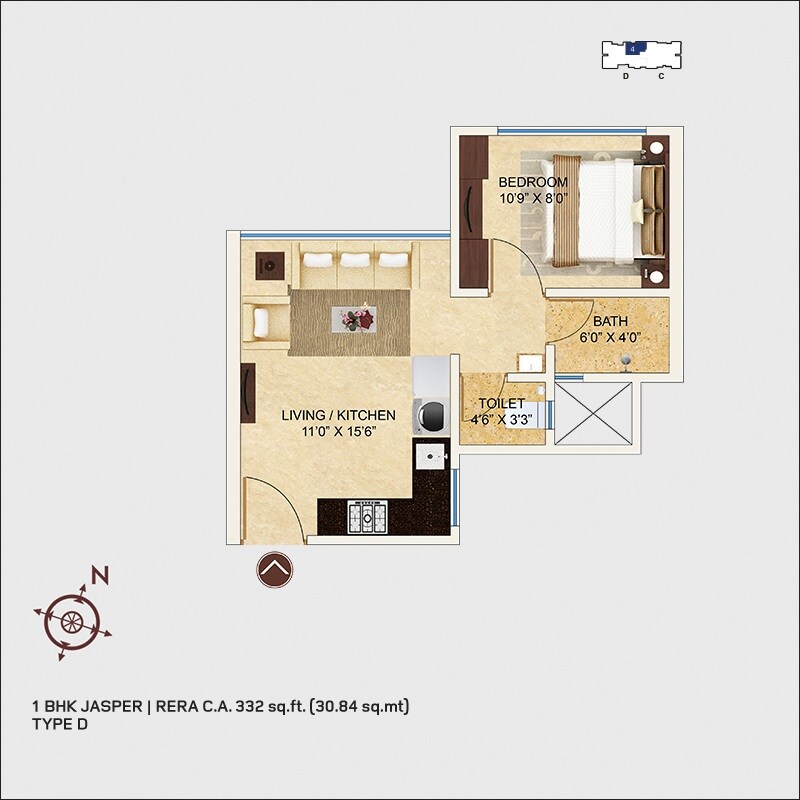 Floor plan of 1 BHK 332 Sq. Ft. Apartment in MICL Aaradhya Nine, Mumbai
