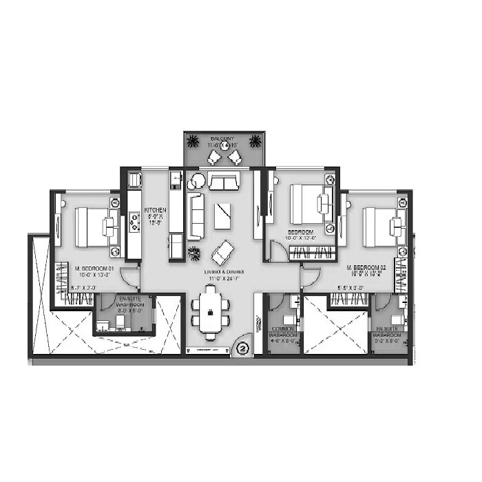 Floor plan of 3 BHK 1218 Sq. Ft. Apartment in MICL Aaradhya One Earth, Mumbai