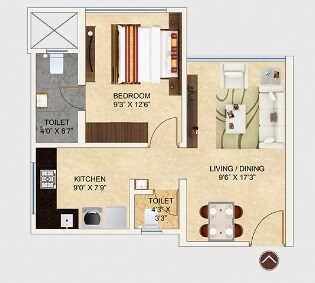 Floor plan of 1 BHK 488 Sq. Ft. Apartment in MICL Aaradhya One Earth, Mumbai