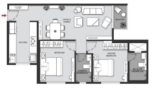 Floor plan of 2 BHK 665 Sq. Ft. Apartment in MICL Ghatkopar Avenue Aaradhya One Earth Phase 2, Mumbai