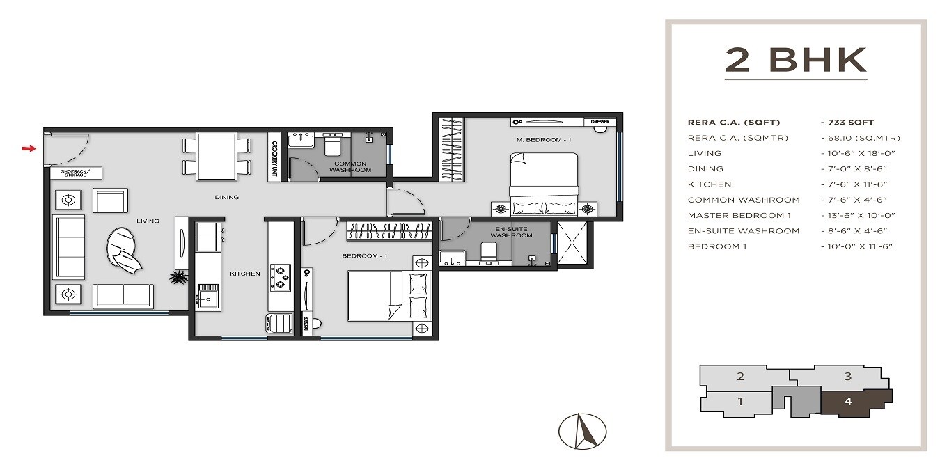 Floor plan of 2 BHK 733 Sq. Ft. Apartment in MICL Insignia, Mumbai