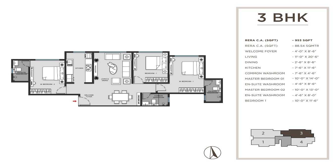 Floor plan of 3 BHK 953 Sq. Ft. Apartment in MICL Insignia, Mumbai