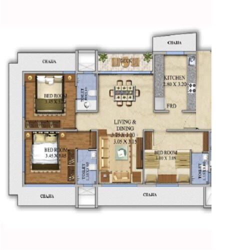 Floor plan of 3 BHK 929 Sq. Ft. Apartment in Midcity Ocean Heights, Mumbai