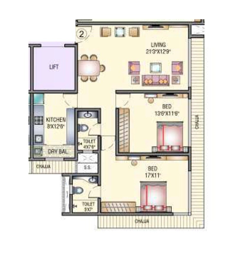 Floor plan of 2 BHK 853 Sq. Ft. Apartment in Midcity The Chakravarti Ashok CHSL, Mumbai