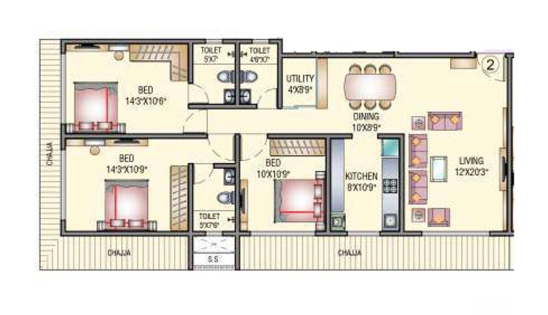 Floor plan of 3 BHK 1086 Sq. Ft. Apartment in Midcity The Chakravarti Ashok CHSL, Mumbai