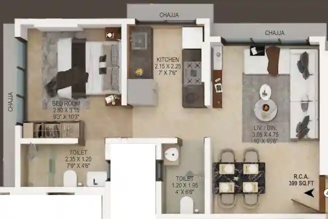 Floor plan of 1 BHK 400 Sq. Ft. Apartment in Milan Lekh Rekha Pragati, Mumbai