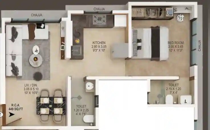 Floor plan of 1 BHK 450 Sq. Ft. Apartment in Milan Lekh Rekha Pragati, Mumbai