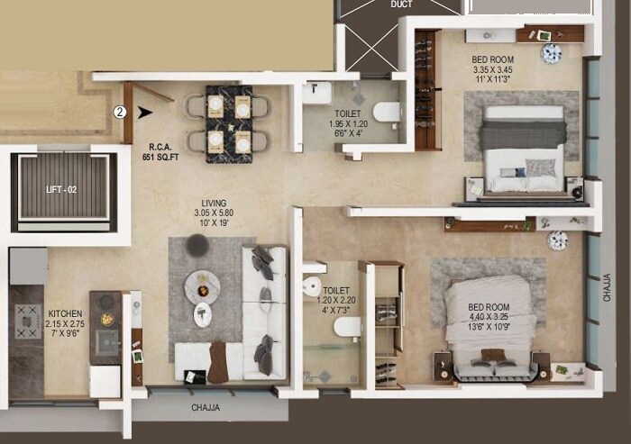 2 BHK 651 Sq. Ft. Apartment