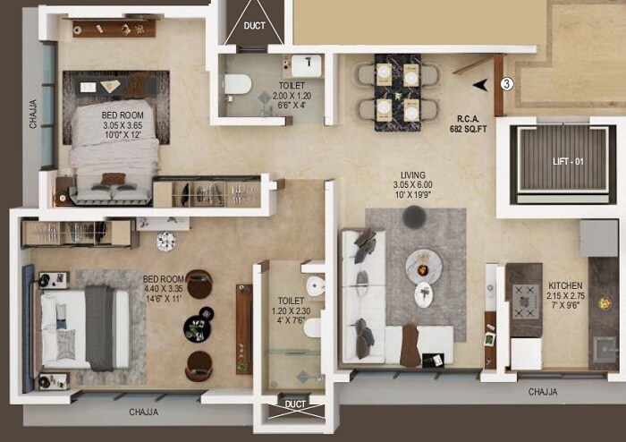 Floor plan of 2 BHK 683 Sq. Ft. Apartment in Milan Lekh Rekha Pragati, Mumbai