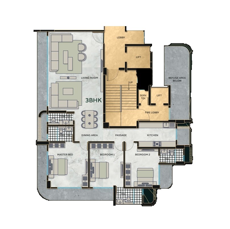 Floor plan of 3 BHK 1602 Sq. Ft. Apartment in Mirchandani Goldstone, Mumbai