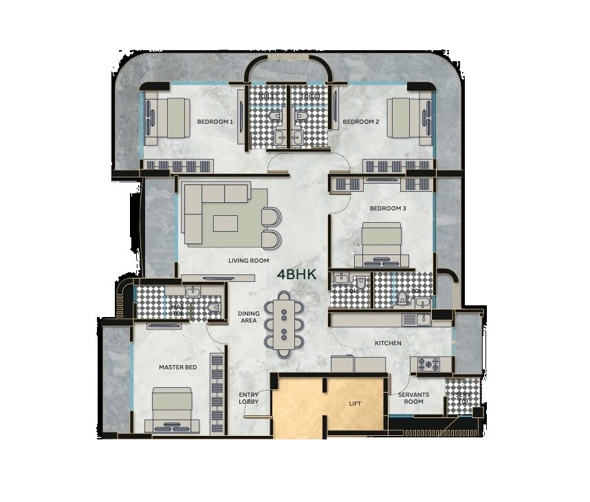 Floor plan of 4 BHK 1886 Sq. Ft. Apartment in Mirchandani Goldstone, Mumbai