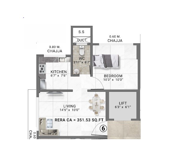 Floor plan of 1 BHK 351 Sq. Ft. Apartment in Misty Heights, Mumbai