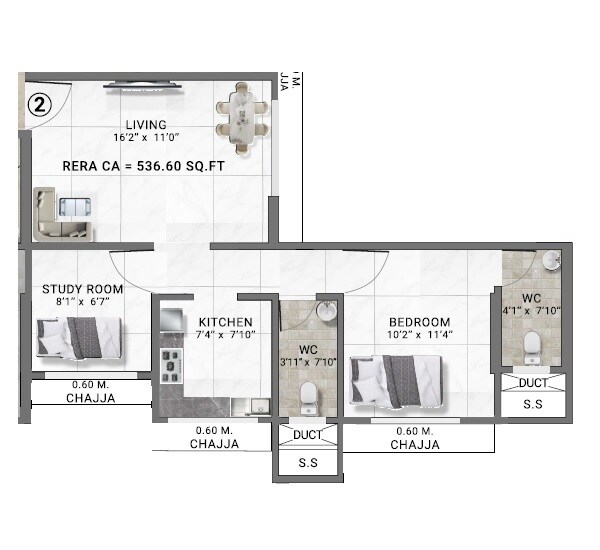 Floor plan of 2 BHK 537 Sq. Ft. Apartment in Misty Heights, Mumbai