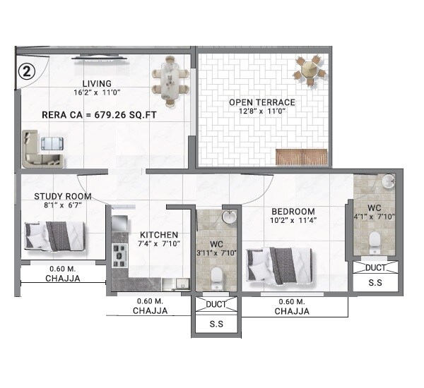 Floor plan of 2 BHK 656 Sq. Ft. Apartment in Misty Heights, Mumbai