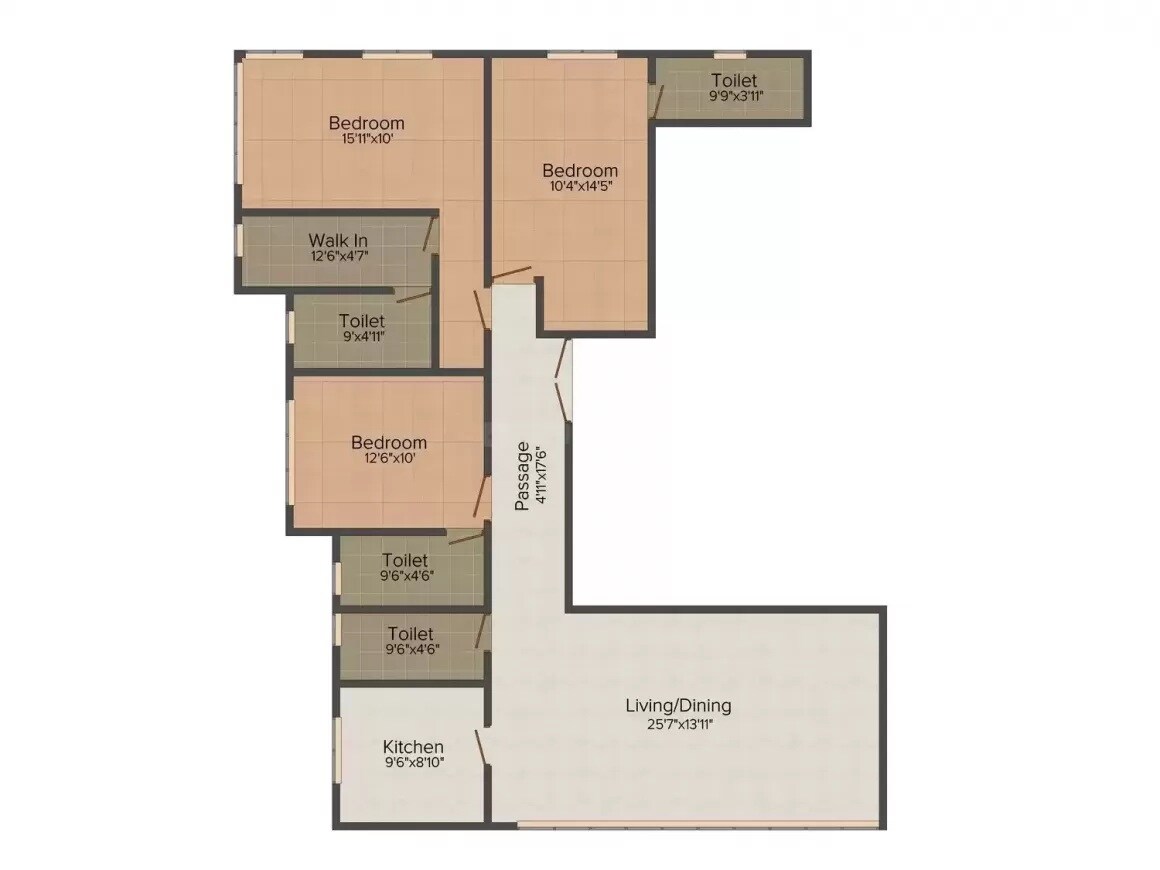 Floor plan of 3 BHK 1268 Sq. Ft. Apartment in Mittal Aristo, Mumbai