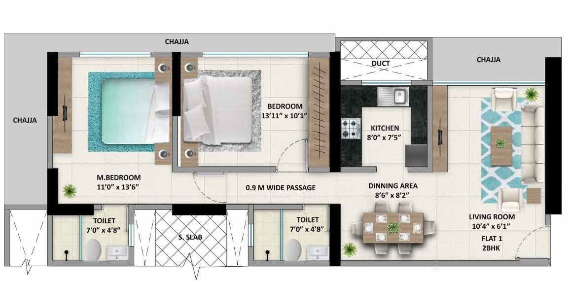 Floor plan of 2 BHK 741 Sq. Ft. Apartment in Mittal Skye 31, Mumbai