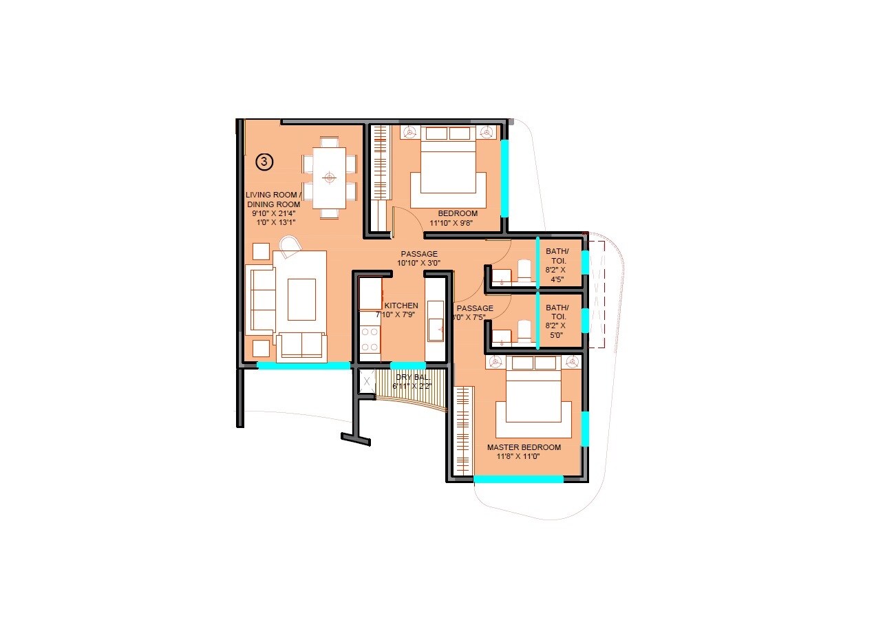 Floor plan of 2 BHK 721 Sq. Ft. Apartment in Mittal Urna 71P, Mumbai