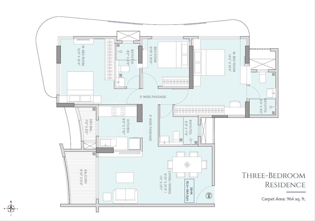 Floor plan of 3 BHK 964 Sq. Ft. Apartment in Mittal Urna 71P, Mumbai