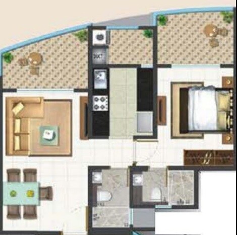 Floor plan of 1 BHK 608 Sq. Ft. Apartment in MJ Shah Centrio, Mumbai