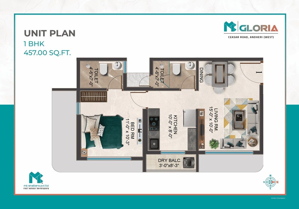Floor plan of 1 BHK 457 Sq. Ft. Apartment in MK Gloria, Mumbai