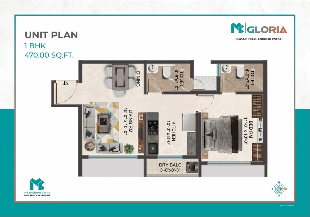Floor plan of 1 BHK 470 Sq. Ft. Apartment in MK Gloria, Mumbai