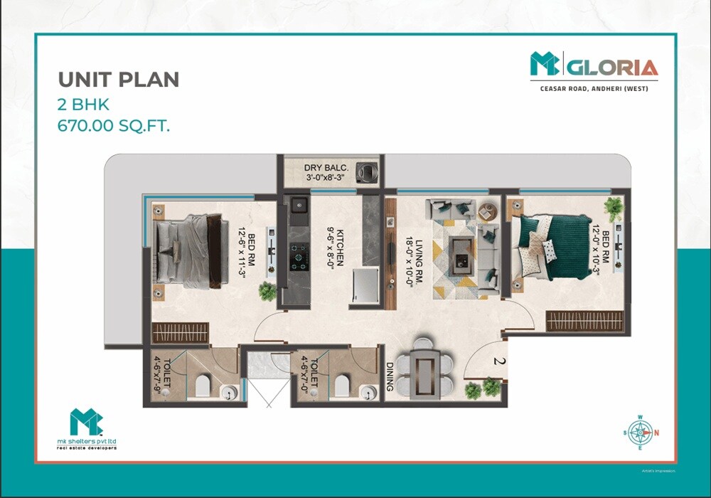 Floor plan of 2 BHK 670 Sq. Ft. Apartment in MK Gloria, Mumbai