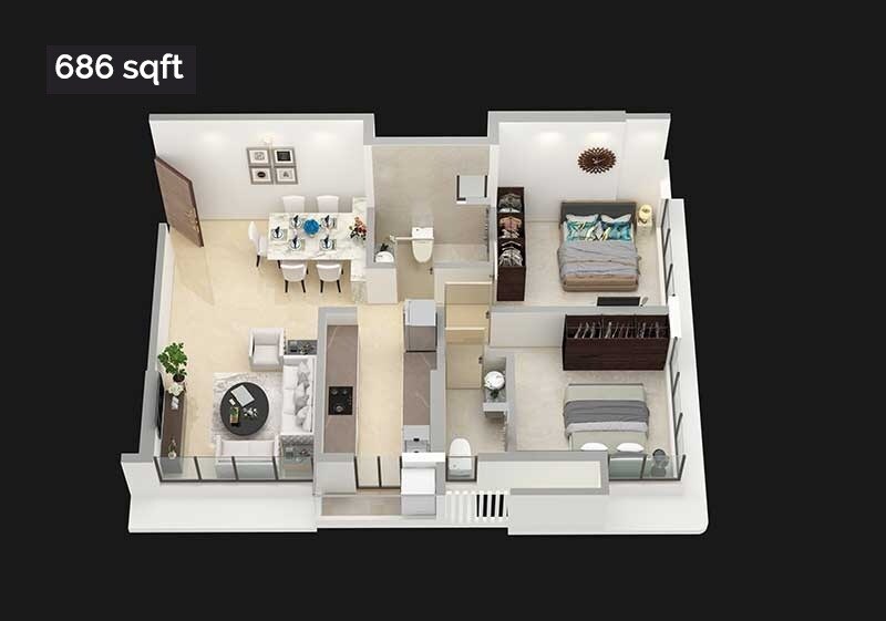 Floor plan of 2 BHK 686 Sq. Ft. Apartment in MK Gracia, Mumbai