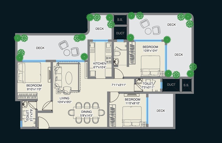 Floor plan of 3 BHK 901 Sq. Ft. Apartment in MM Spectra, Mumbai