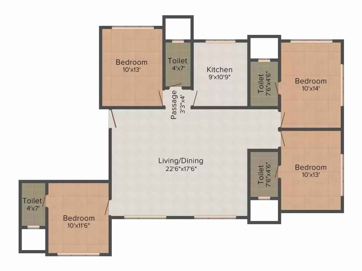 Floor plan of 3 BHK 1234 Sq. Ft. Apartment in Modi Pearly Shells, Mumbai