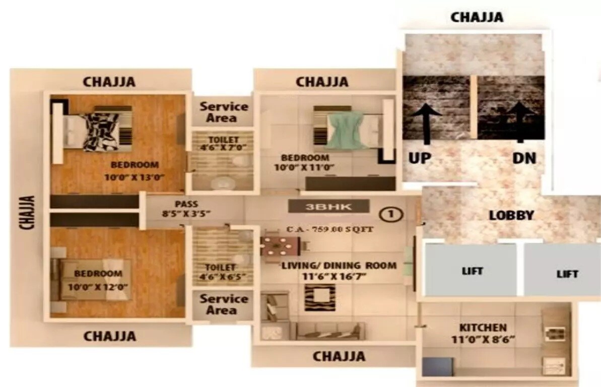 Floor plan of 3 BHK 759 Sq. Ft. Apartment in Modi Pearly Shells, Mumbai
