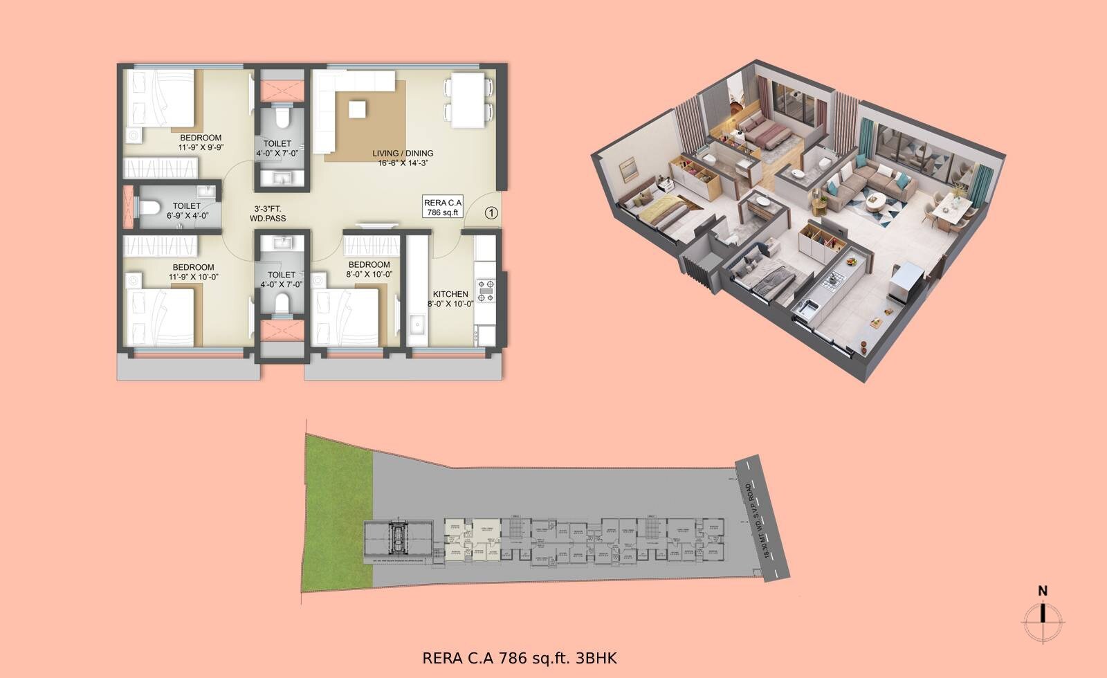 Floor plan of 3 BHK 887 Sq. Ft. Apartment in Modi Spaces Ganges, Mumbai