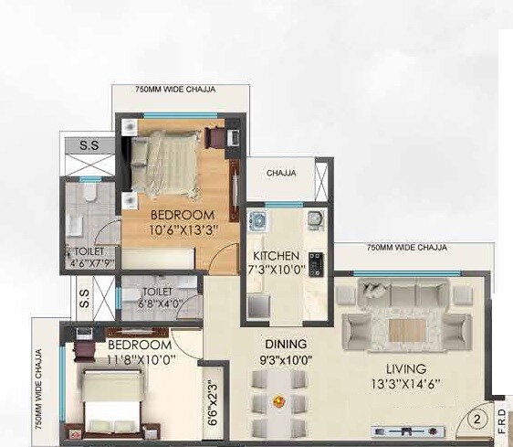 Floor plan of 2 BHK 745 Sq. Ft. Apartment in JDN Sharon Rose, Mumbai