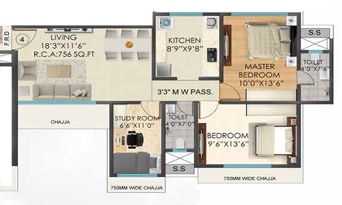 Floor plan of 2 BHK 756 Sq. Ft. Apartment in JDN Sharon Rose, Mumbai