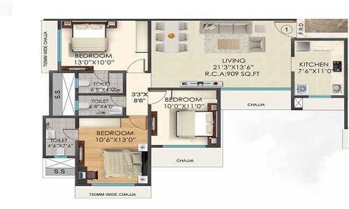 Floor plan of 3 BHK 909 Sq. Ft. Apartment in JDN Sharon Rose, Mumbai
