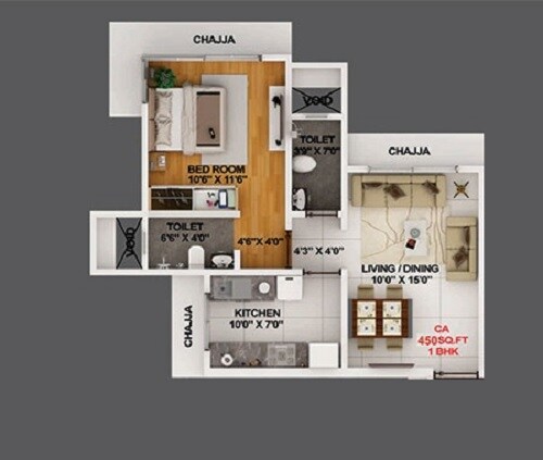 Floor plan of 1 BHK 450 Sq. Ft. Apartment in Modi Spaces Tashkent, Mumbai
