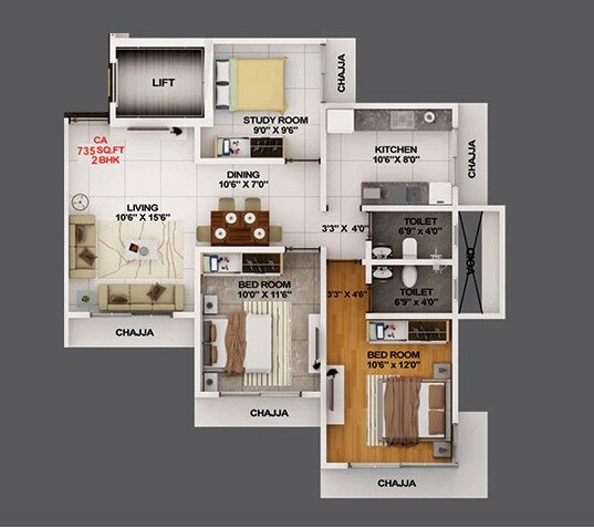 Floor plan of 2 BHK 735 Sq. Ft. Apartment in Modi Spaces Tashkent, Mumbai