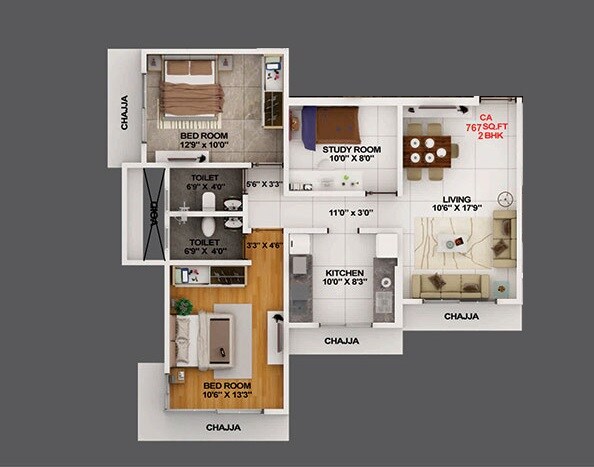 Floor plan of 2 BHK 767 Sq. Ft. Apartment in Modi Spaces Tashkent, Mumbai