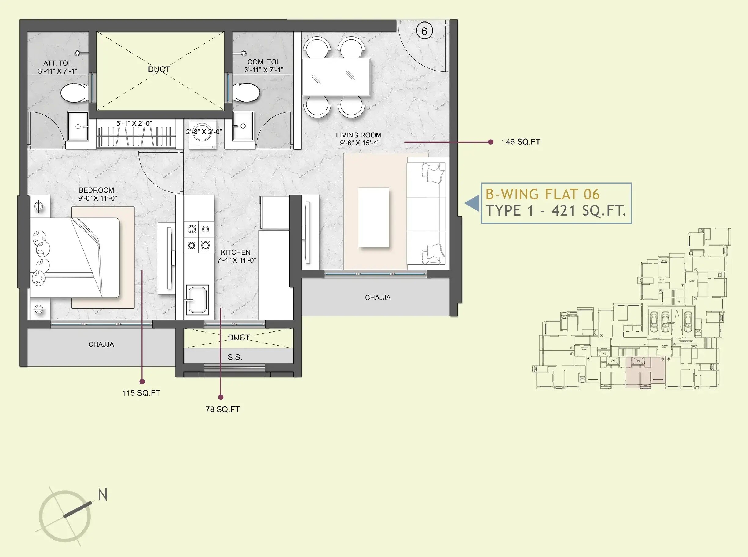 Floor plan of 1 BHK 421 Sq. Ft. Apartment in Modirealty Ashvattha, Mumbai