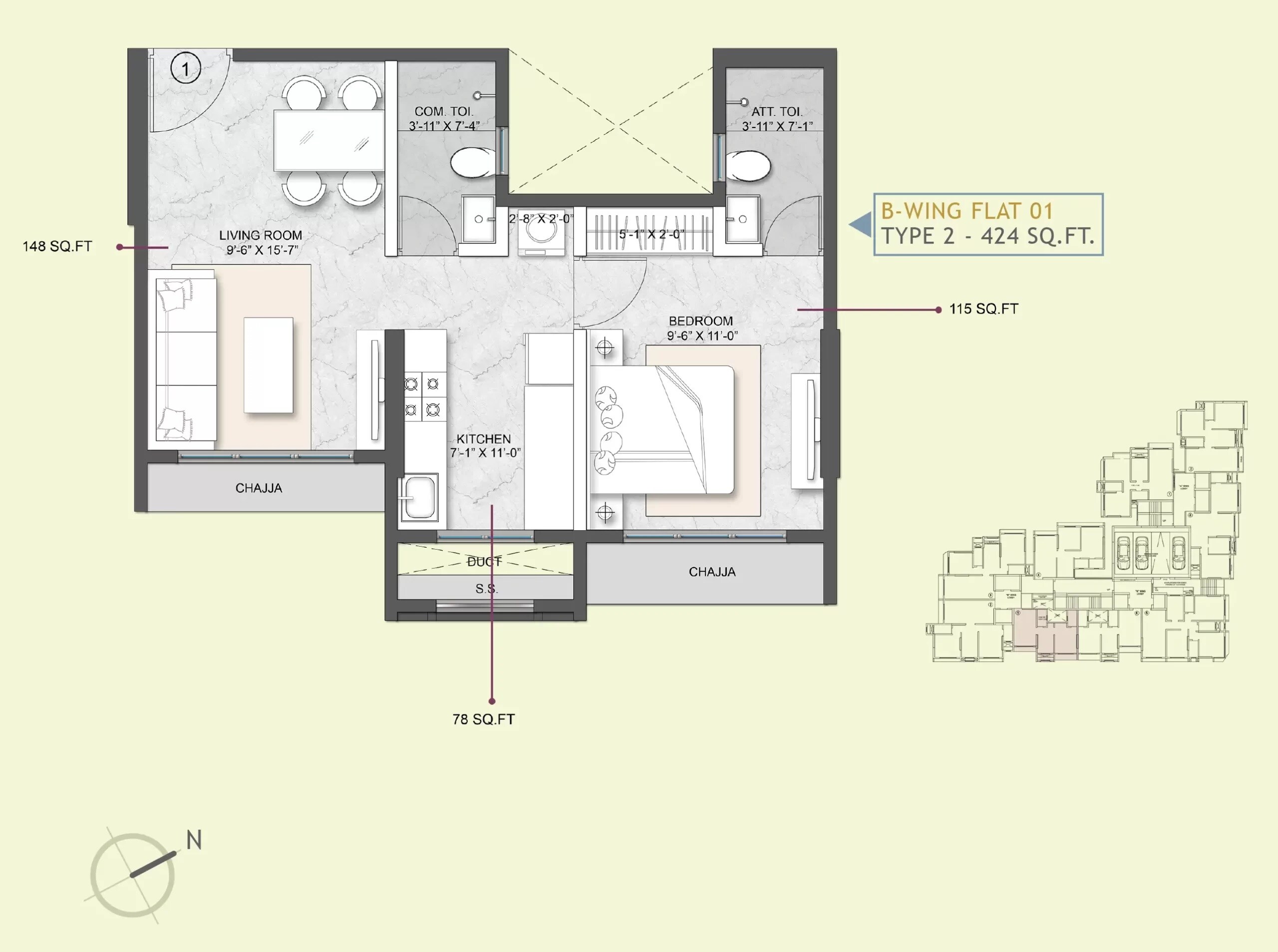 Floor plan of 1 BHK 424 Sq. Ft. Apartment in Modirealty Ashvattha, Mumbai