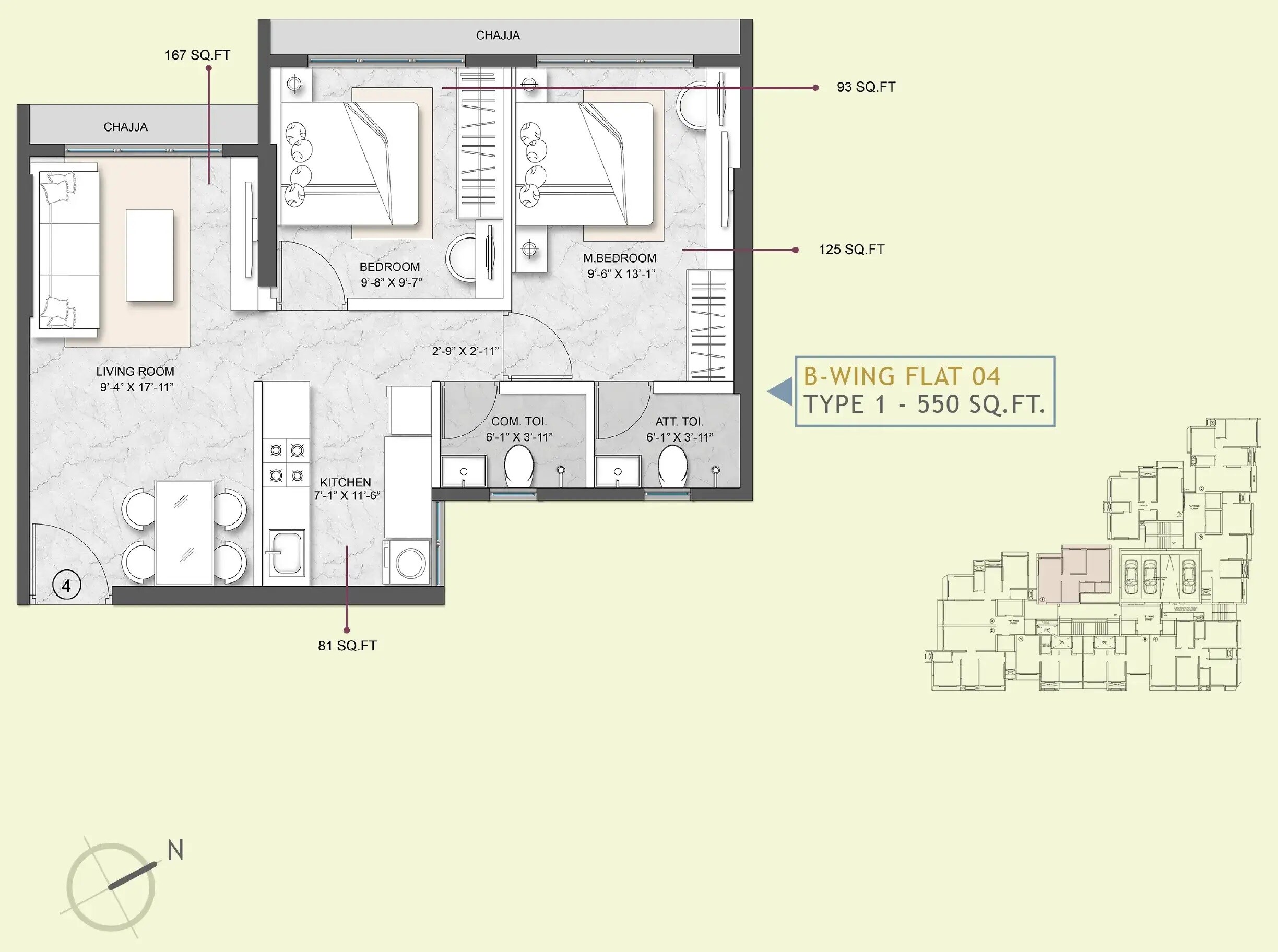 Floor plan of 2 BHK 550 Sq. Ft. Apartment in Modirealty Ashvattha, Mumbai