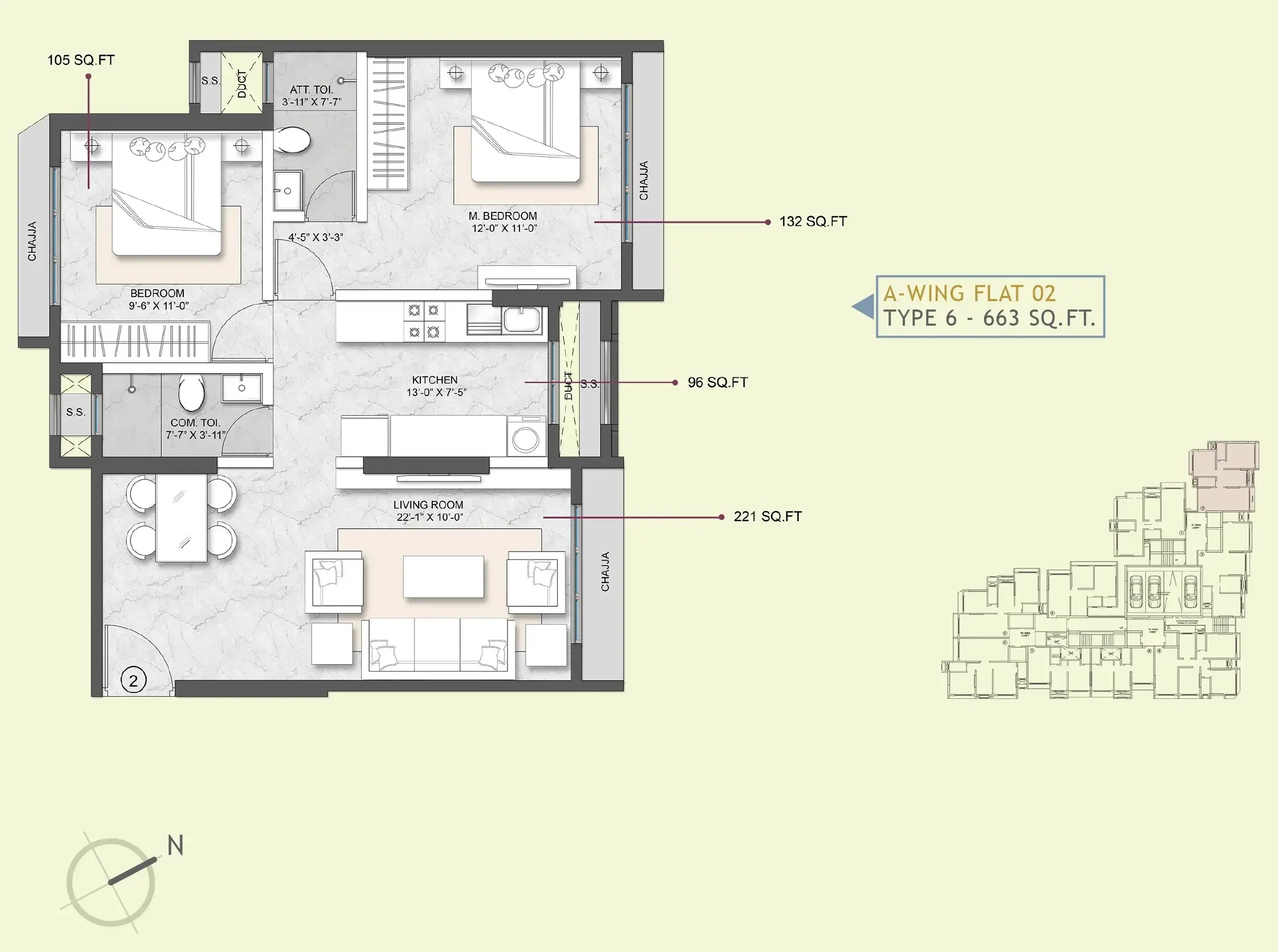 Floor plan of 2 BHK 663 Sq. Ft. Apartment in Modirealty Ashvattha, Mumbai