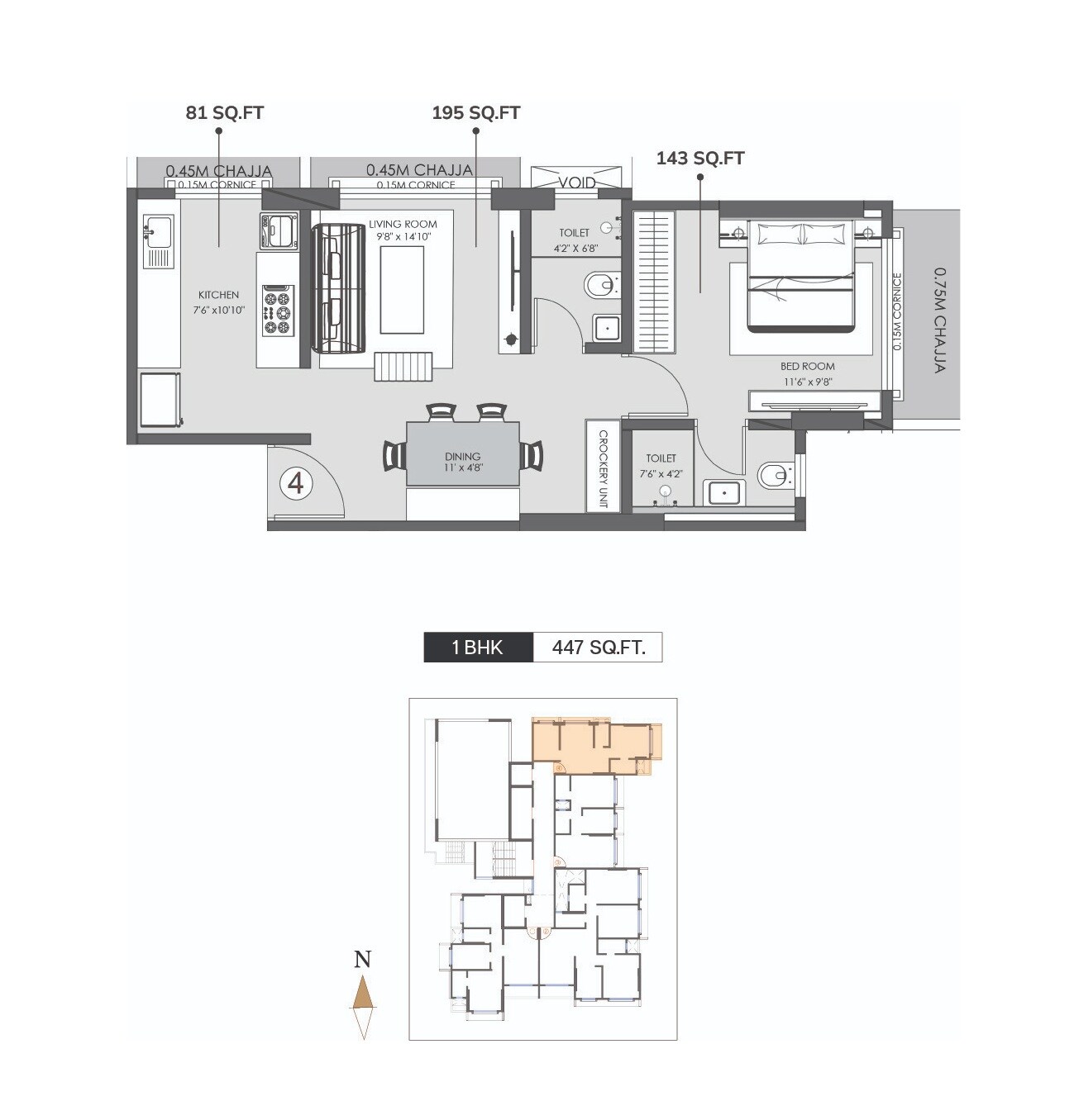 Floor plan of 1 BHK 447 Sq. Ft. Apartment in Modirealty Asopalav, Mumbai