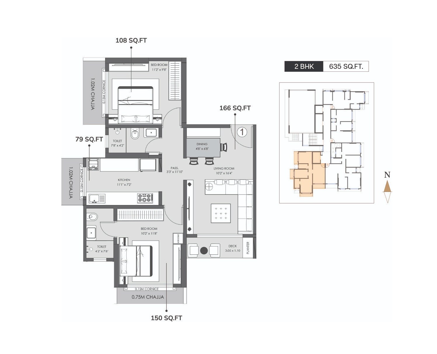 Floor plan of 2 BHK 635 Sq. Ft. Apartment in Modirealty Asopalav, Mumbai