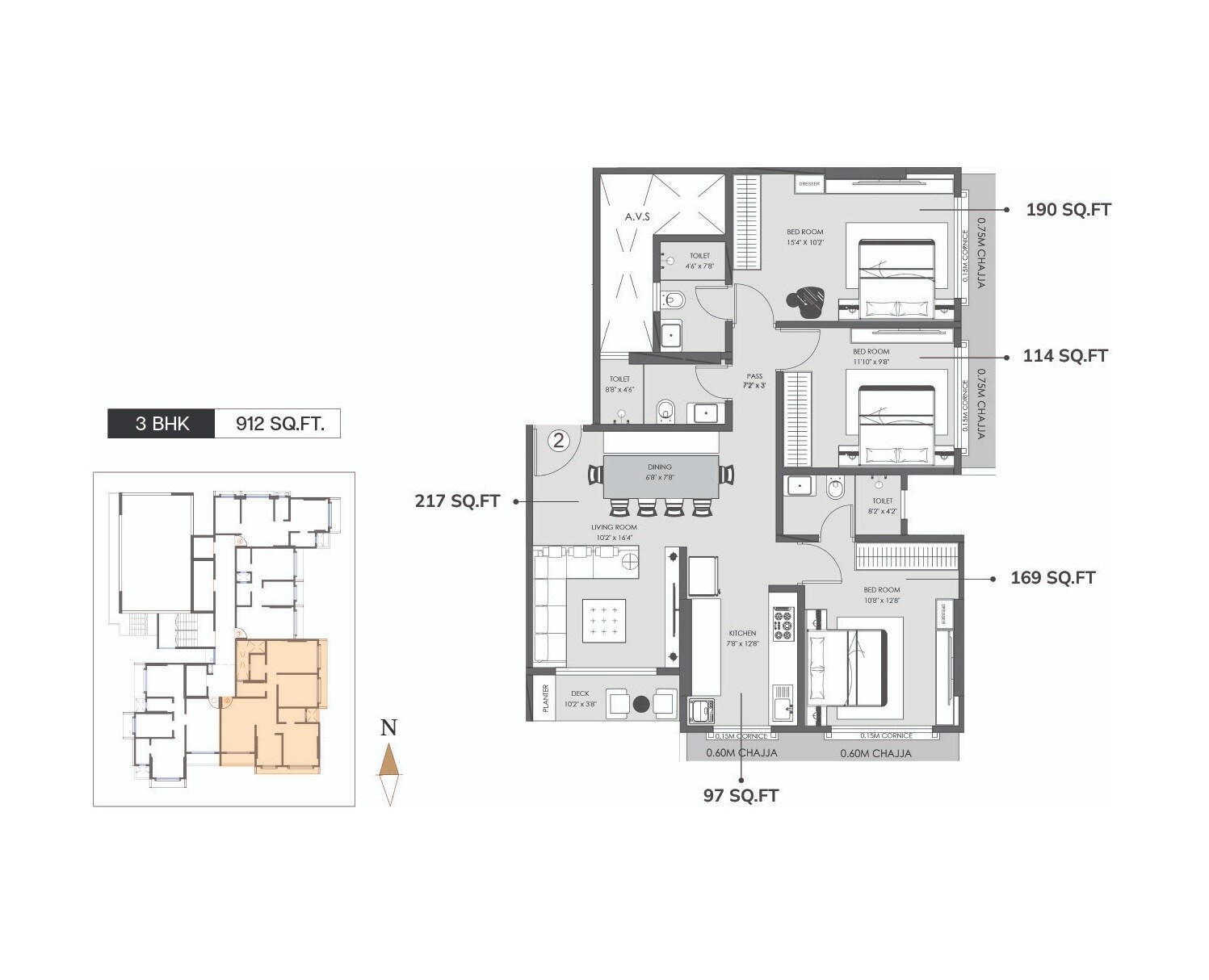 3 BHK 912 Sq. Ft. Apartment