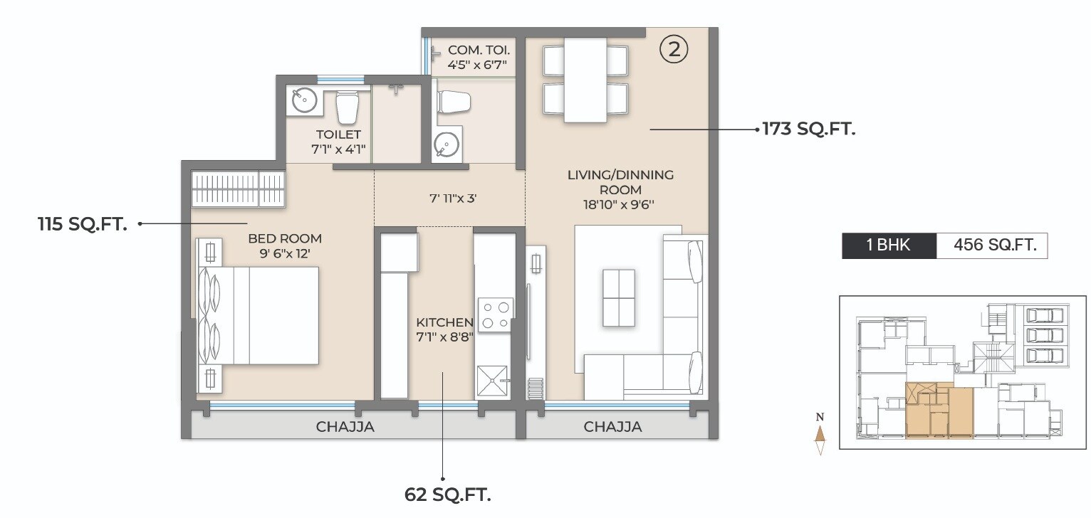 Floor plan of 1 BHK 456 Sq. Ft. Apartment in Modirealty Olive, Mumbai